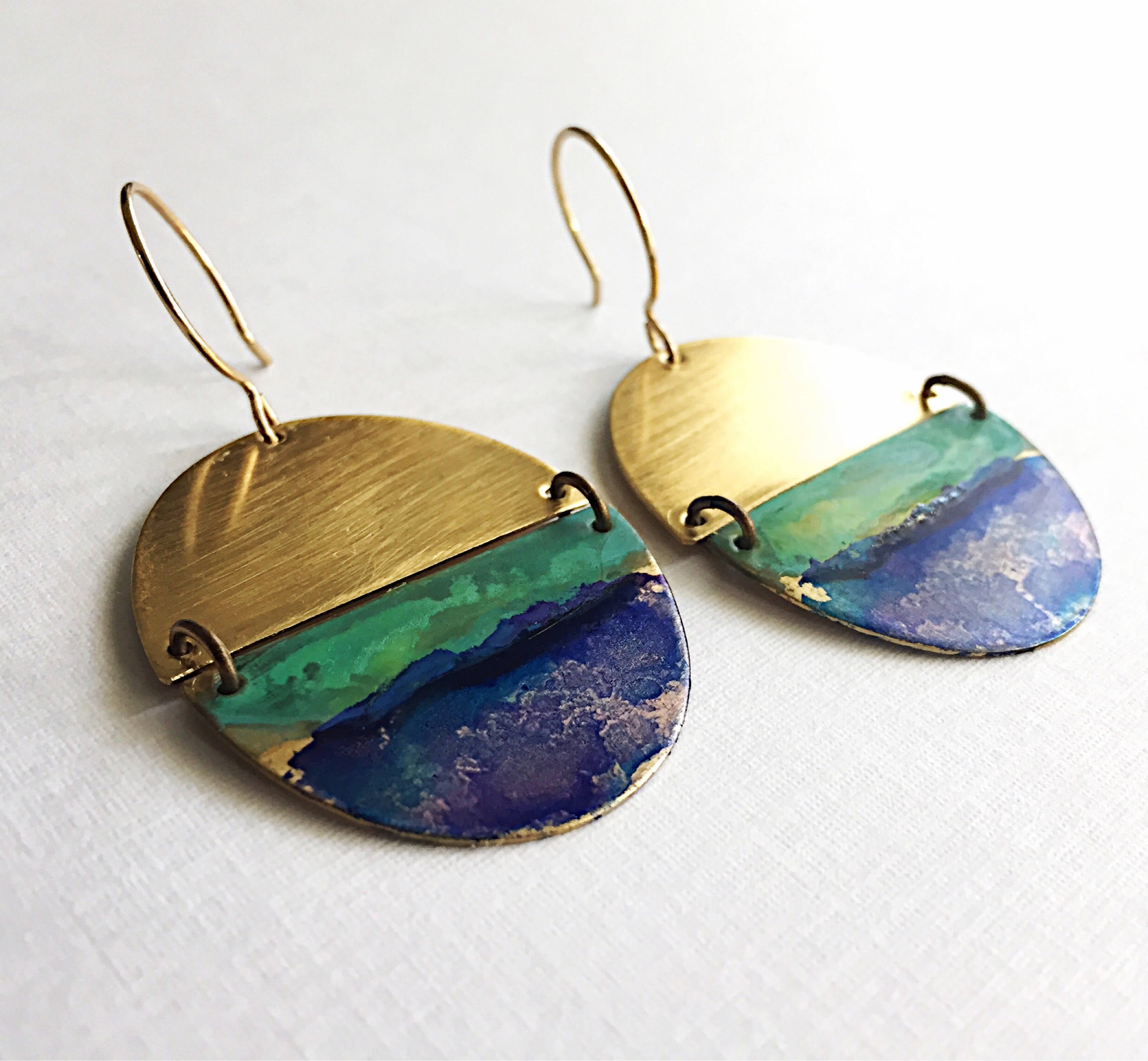 Brass Oval Earrings - Watercolor Patina – ssd jewelry